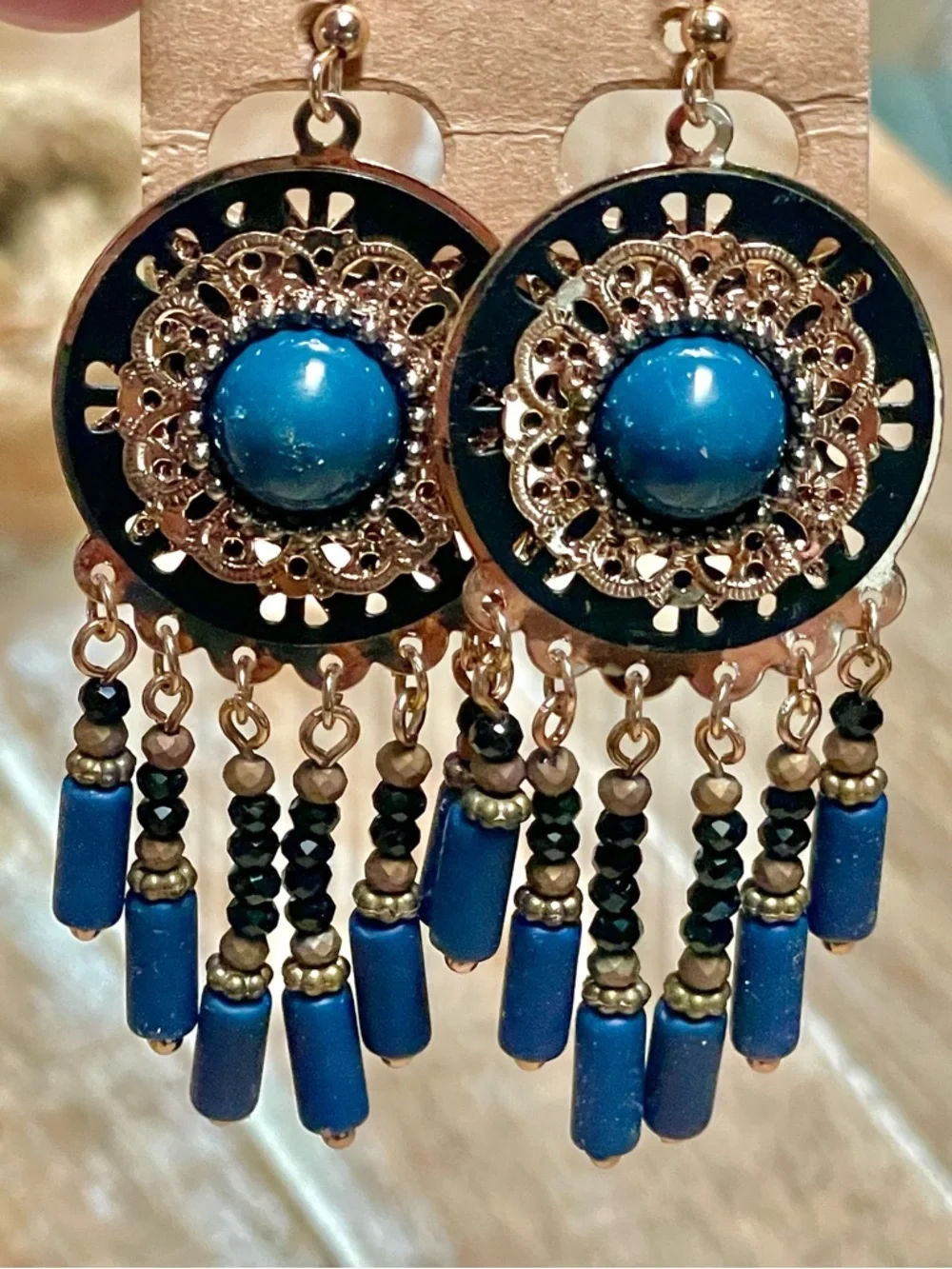Blue and Gold Filigree Beaded Boho Dangle Earrings